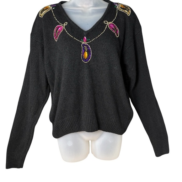 80s Bling Casino Grandma Sweater Black Beaded Jewel Button Silk Angora Medium - Picture 1 of 5